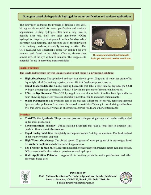 Guar Gum Based Biodegradable Hydrogel for Water Purification & Sanitary Applications